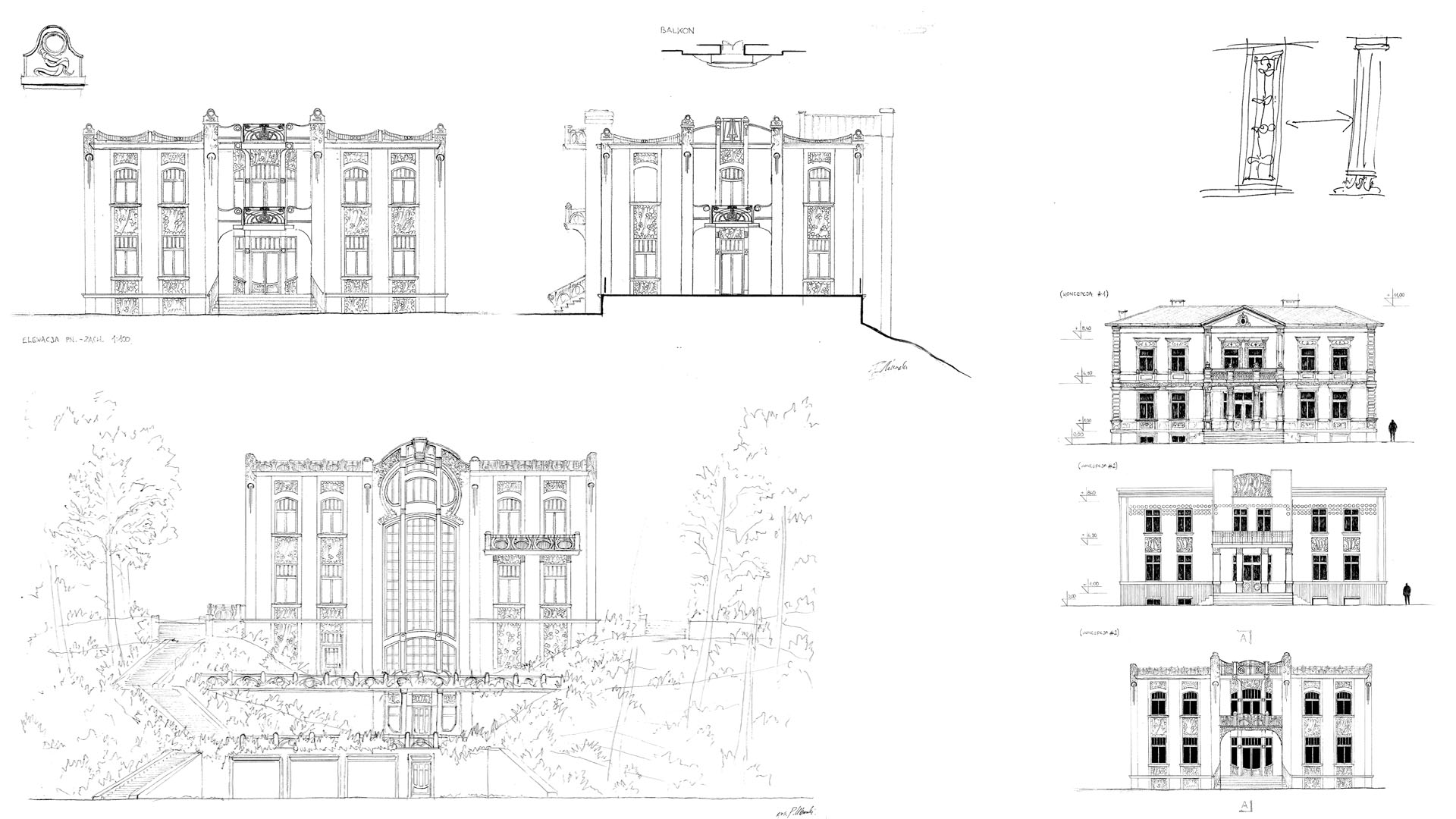 Willa secesja pałac art-nouveau jugenstil Proart projekt historyzm szkic rysunek koncepcja zarys Piotr Kilanowski